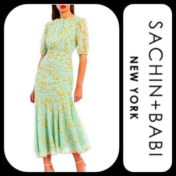 Sachin + Babi Dresses & Skirts - SACHIN & BABI PUFF SLEEVE FLOUNCE HEM MIDI DRESS